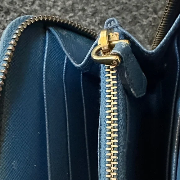 Prada Blue Saffiano Zip-Around Leather Wallet with Gold Logo
